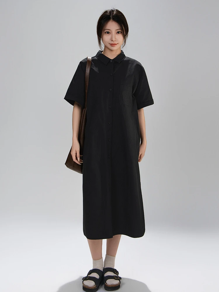 

Loose Cotton Short Sleeve Shirt Dress Women Summer Fashion Wild Style Side Slit Cuffed Sleeve Dress Casual H Type Dress