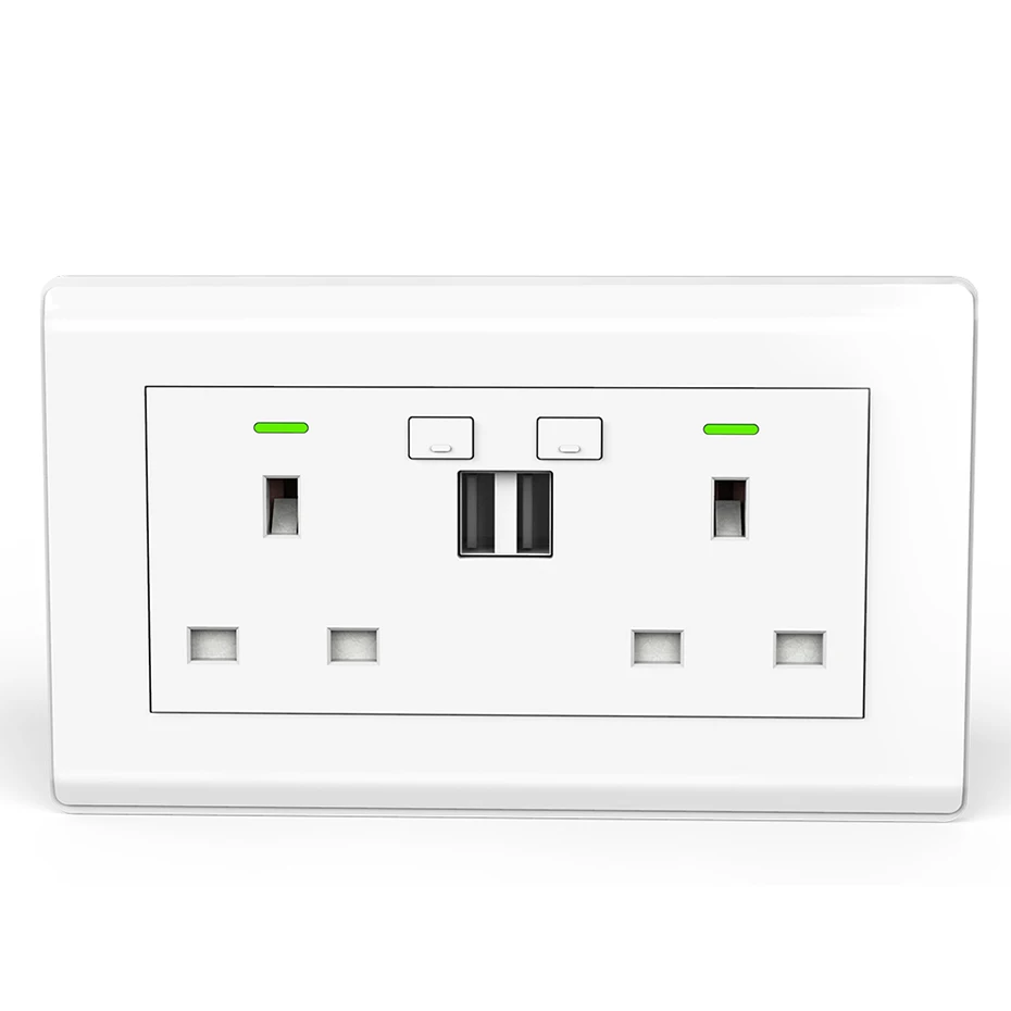 UK Tuya WIFI Smart Wall Socket USB Plug Ports Charger 10A Multiple Plugs with Two Usb Remote Control Work with Alexa Google Home