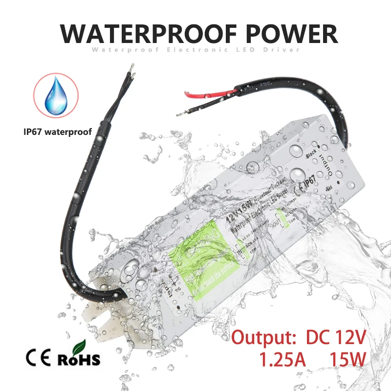 Lighting Transformer 90-250V AC to DC 12V 15W 1.25A LED Driver Adapter Aluminum IP67 Outdoor Waterproof Switching Power Supply