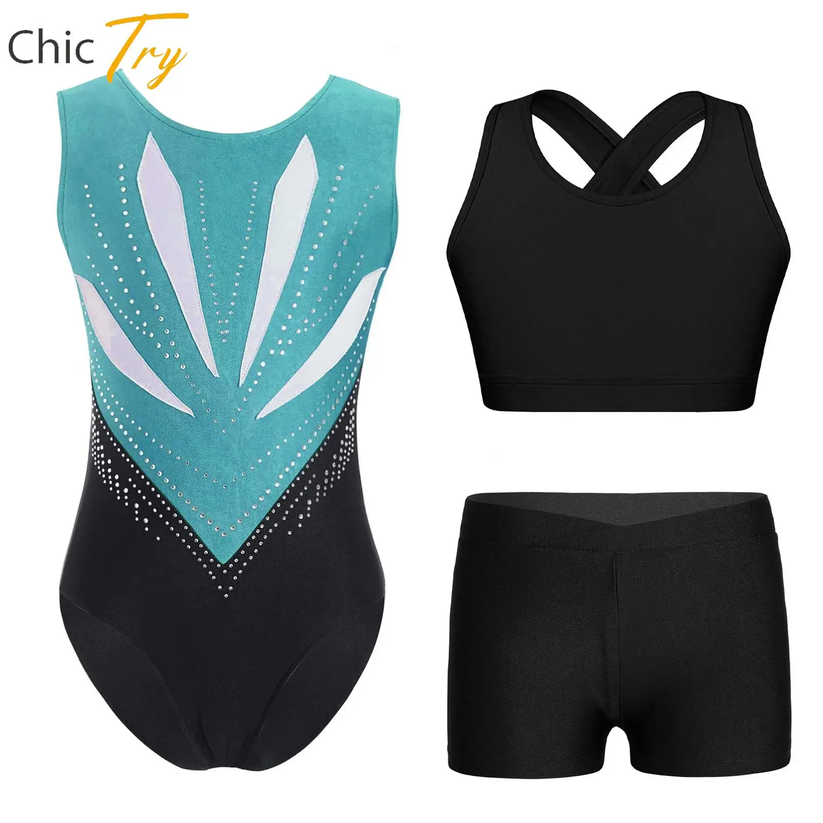 

Children Rhythmic Dance Set Girls Bowknot Cutout Back Rhinestones Leotard+Vest+Shorts Ballet Gymnastics Figure Skating Outfit