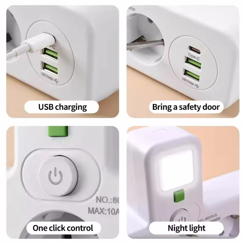 Listwa zasilająca EU z wtyczką AC, montowana na ścianie, z niezależnymi włącznikami, gniazda wielogniazdowe, filtr sieciowy z ładowaniem USB, adapter z filtrem sieciowym. — zdjęcie produktu 5