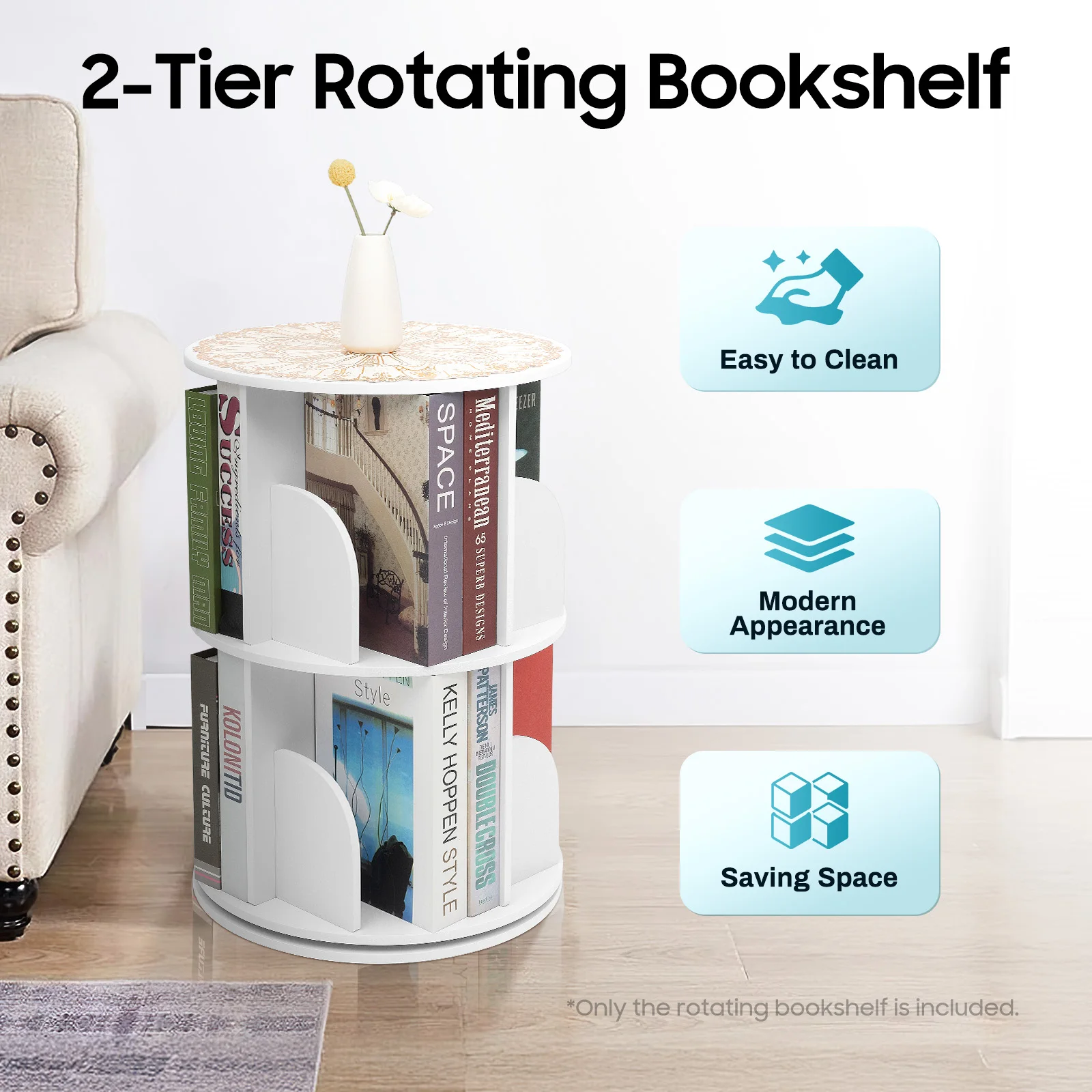 

2-Tier White Book Shelf, 360° Rotatable Book Shelf, Freestanding Bookshelves Storage Display Shelf for Home, Load Capacity 50 KG