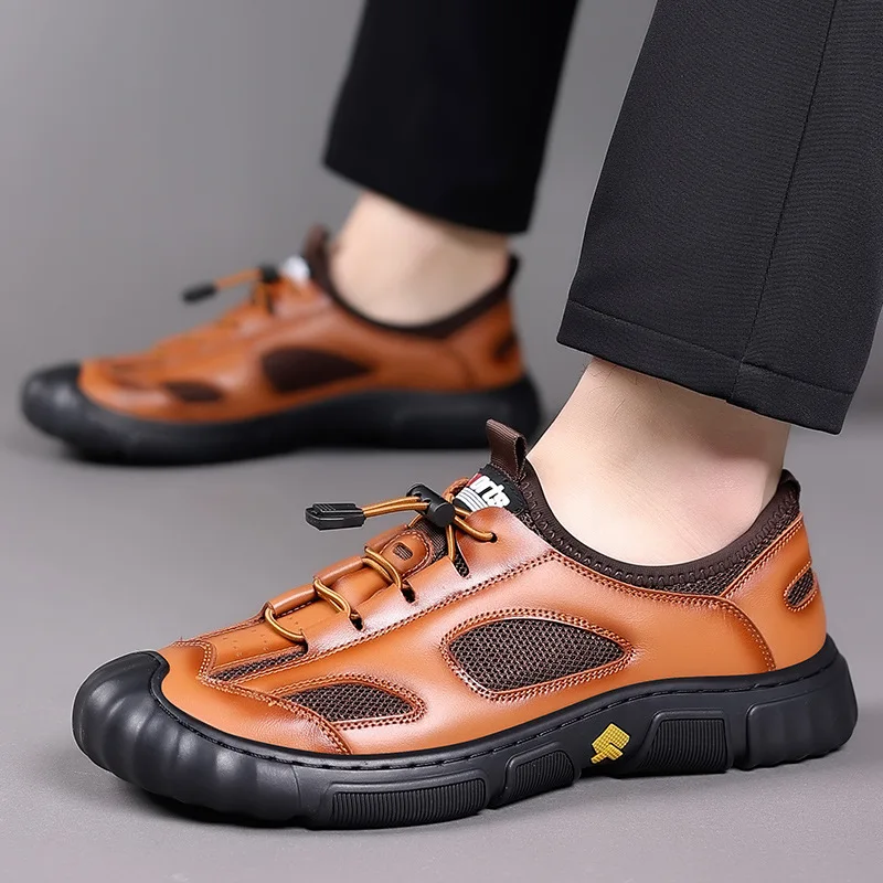 Men Casual Simple Breathable Shoes Low Help Work Casual Leather Shoes Casual Real Leather Shoes Round Toe Male Leisure Sneakers