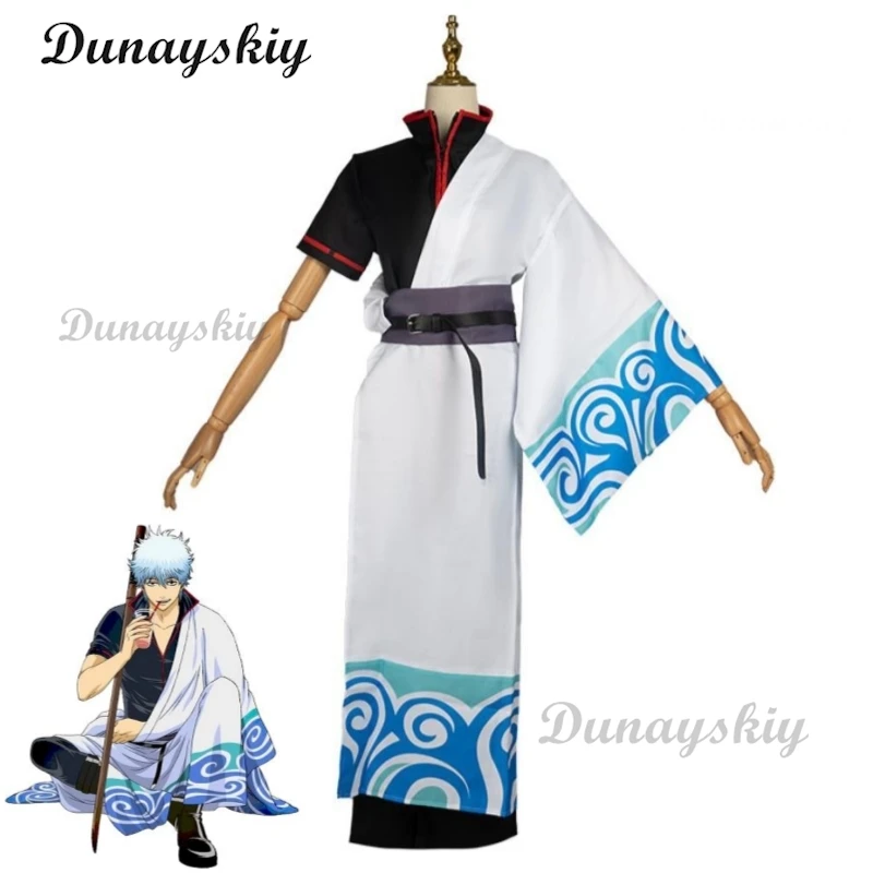 Anime Sakata Gintoki Gintama Gin Tama Cosplay Costume Wig Silver Soul Kimono Uniform Halloween Stage Performance Role Play Suit