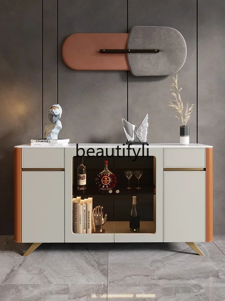 

ls 27Italian light luxury saddle leather dining side cabinet against the wall storage rock slab tea cabinet