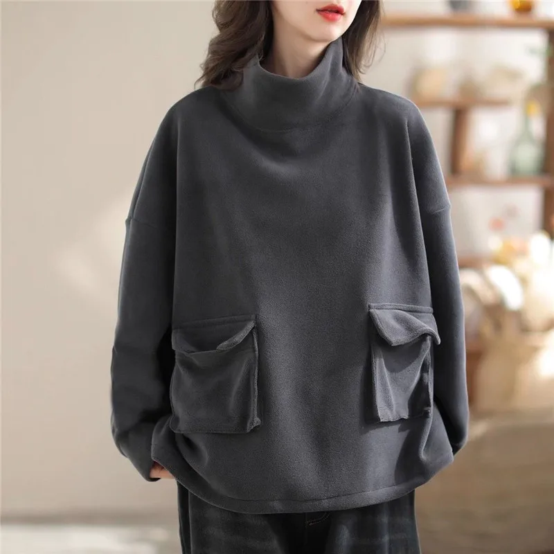 New Fashion Women Solid Color High Neck Hoodie Autumn Winter Thick Casual Wearing Outside Pullover Coat Warm Bottoming 2024