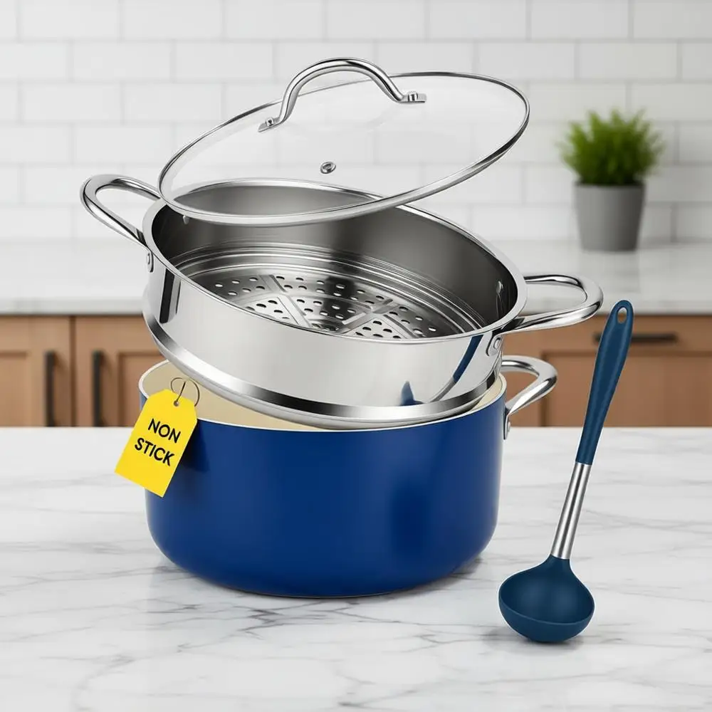 

6 Quart Steamer Pot With Lid, Nonstick 2-Tier Multipurpose Steamer for Vegetables, Soup, Stews, Dumplings, Oven & Dishwasher Saf