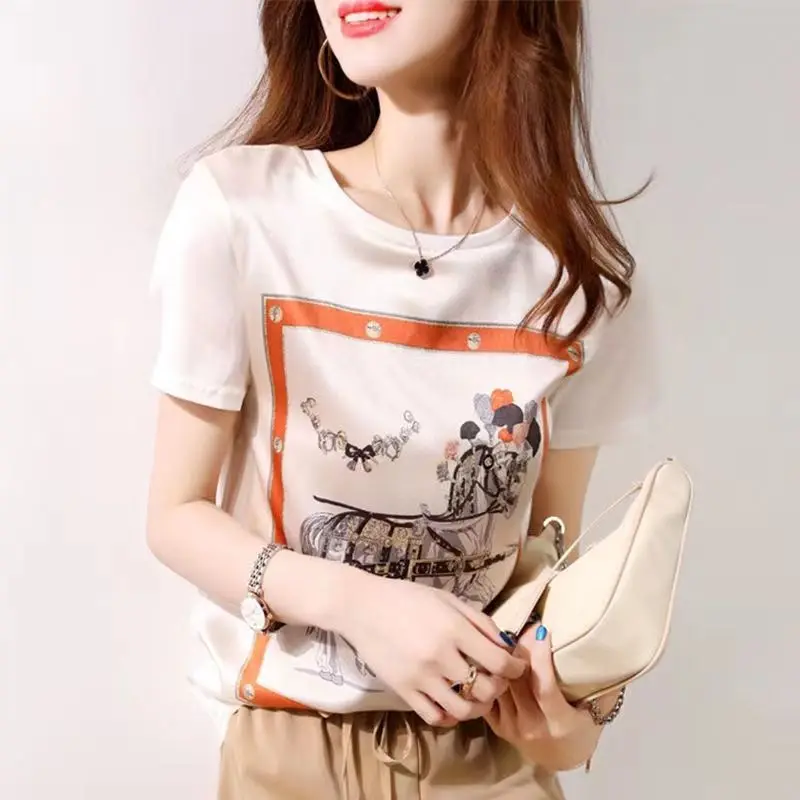 Summer Fashion Vintage Contrasting Color Loose Casual Blouse Femme V-neck Short Sleeve Trend Simple Shirt Blusa Women Clothing