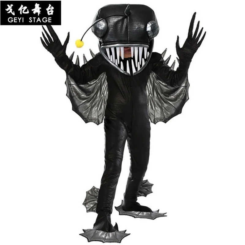 새로운 멋진 아이 소년 anglerfish 의상 물고기 애니메이션 할로윈 크리스마스 코스프레 의상 성인 남성을위한 onepiece 복장 점프 슈트