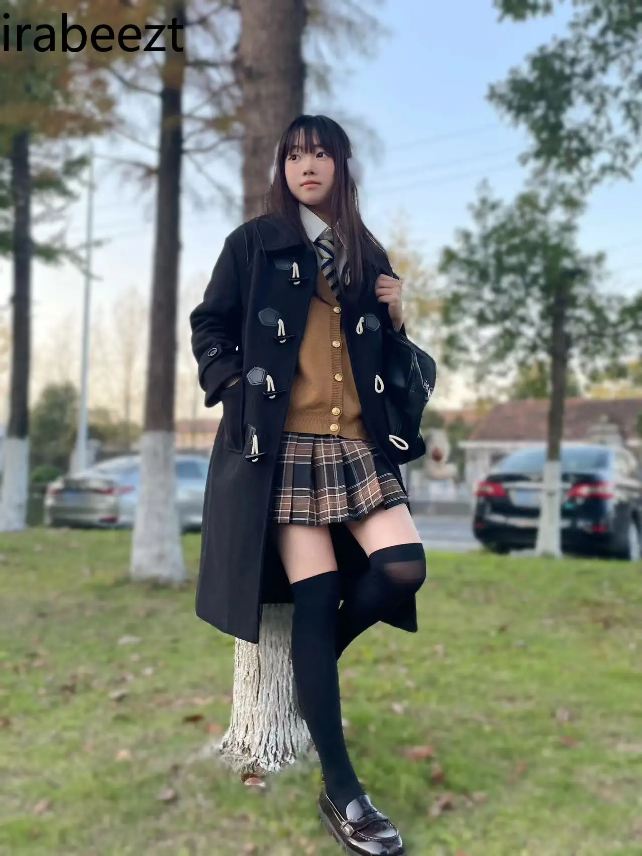 Fashion Original Preppy Horn Button Coat Winter Black Women's Wool Uniform Mid-length Mainland China Tweed Long Jacket