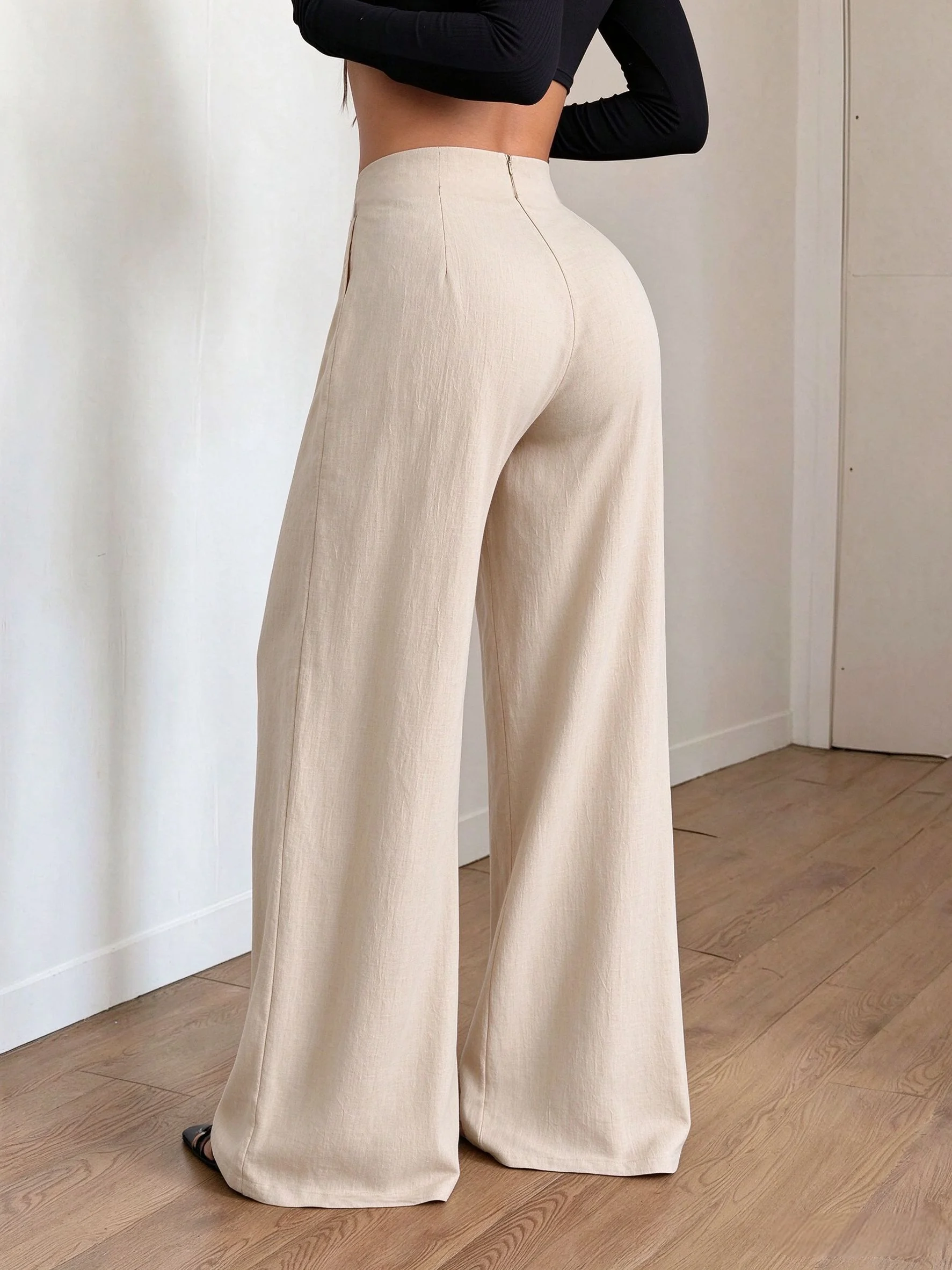 Damen High-Waist Plissierte Weite Hose mit Crinkle-Textur, Lose Palazzo-Hose mit Hochelastischem Bund, Lässige Urlaubs- und Strandhose – Detail 3