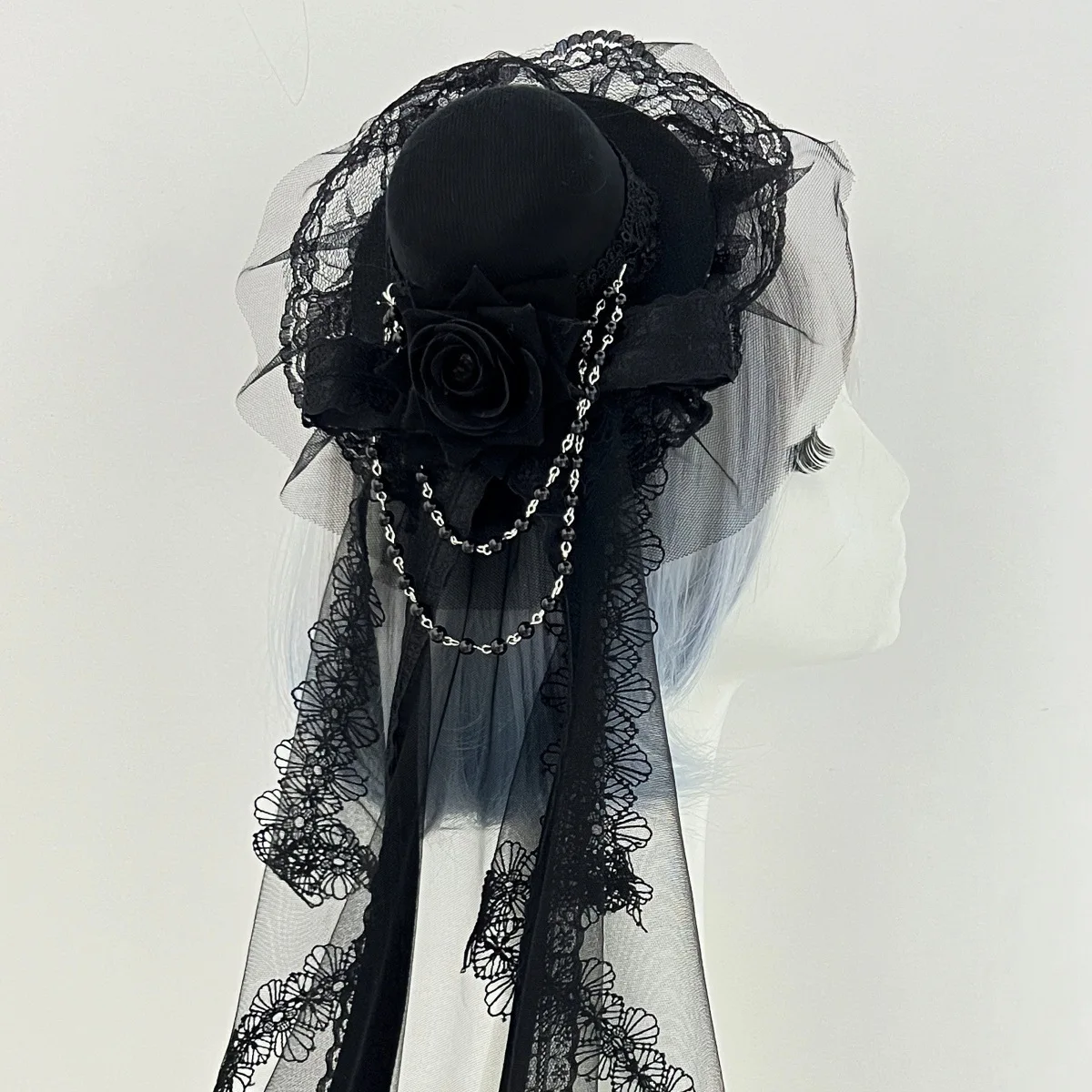 Lolita Girls Top Hat Rose with Chain Lace Hat