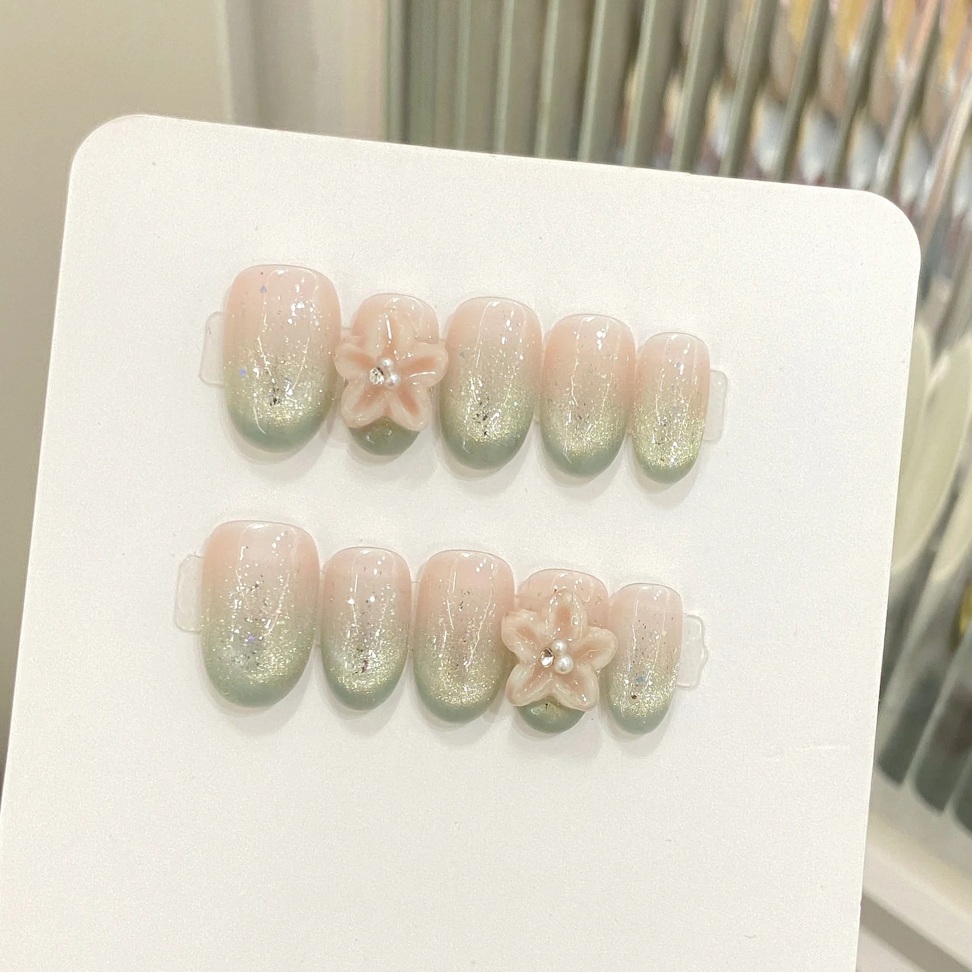 

10 PCS Luxury Handmade Press on Nails Short Oval Cat's eye Carving Design with 3-PIECE Tool Adhesive Nail Glue Tabs