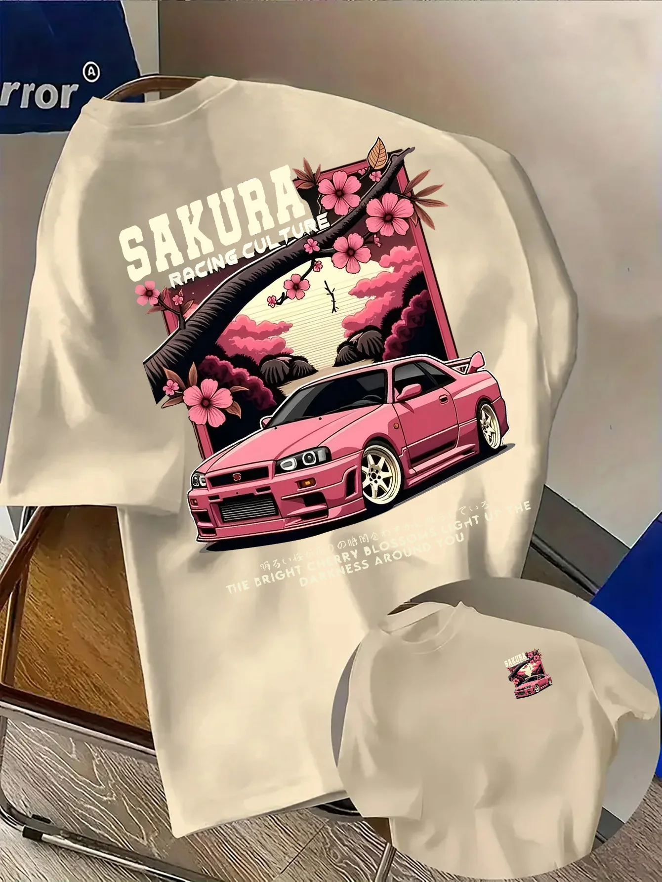 Vibrant Sakura and JDM Car Graphic Tee for Men Breathable 100% Cotton Perfect for Summer Streetwear and Japanese Racing Vibe