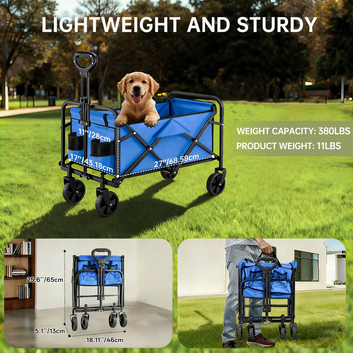 Blue Lightweight Portable Foldable Shopping Cart with Wheels Utility Grocery Wagon for Camping Beach Sports Garden