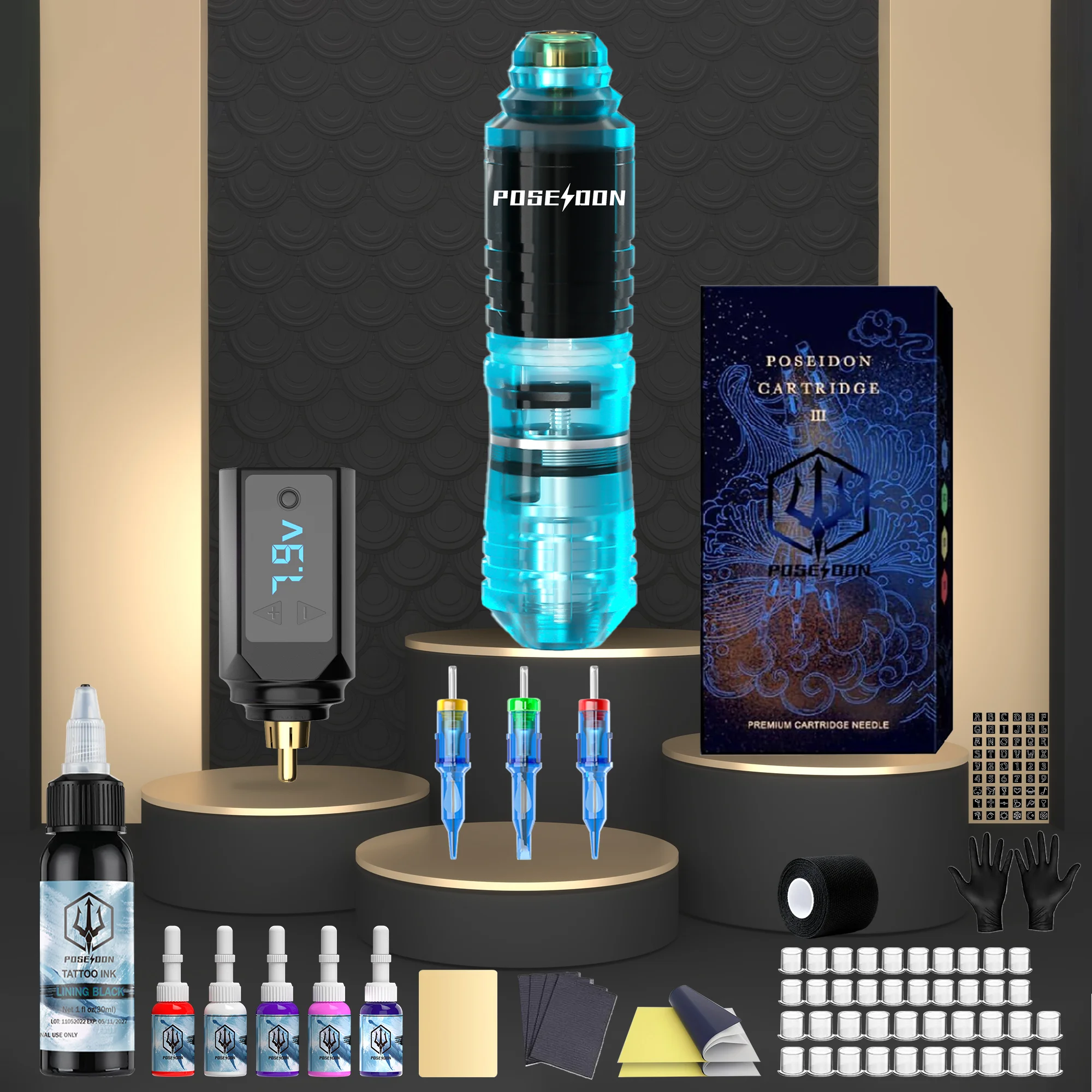 Tattoo Kit POSEIDON Wireless Tattoo Pen Kit Für Permanent Make-Up Tattoo Maschine Kit Neue Blau Transparent Tattoo Gun Kit