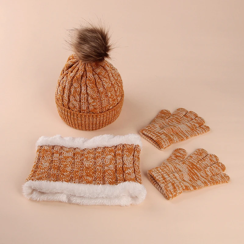 Gorros de malha de cor sólida infantil, chapéu de bebê, pompom, boné bonito, cachecol, luvas, terno, casual, menina, menino, inverno