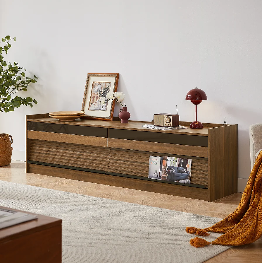 #Modern Living Room TV Stand Ample Storage 4 Drawer Design Tempered Glass Built-in Charging