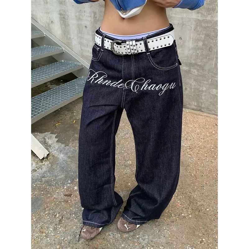 ZHIZOU Women Black Denim Pants American Oversize Cargo Jeans Pants Vintage Harajuku Embroidery Wide Leg Denim Trousers Clothes