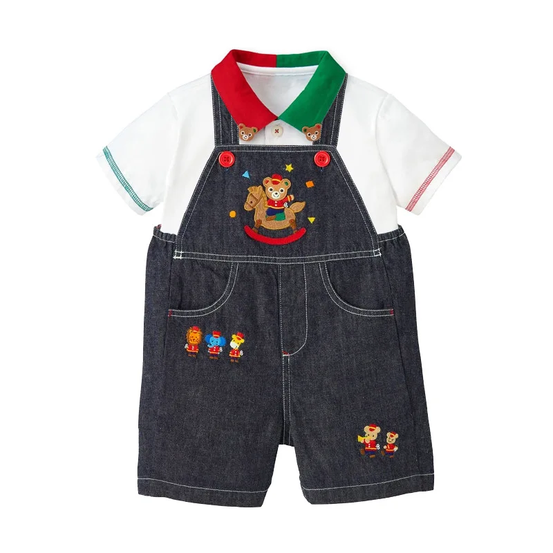 New Japanese Children\'s Overalls Casual Pants Cartoon Trojans Bears Embroidered Straps Shorts Jeans Boys Clothes Pantalones