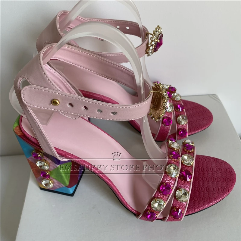 Diamond Square High Heel Sandals Women 2024 Jeweled Rhinestone Buckle Decor Strap Crystal Summer Shoes