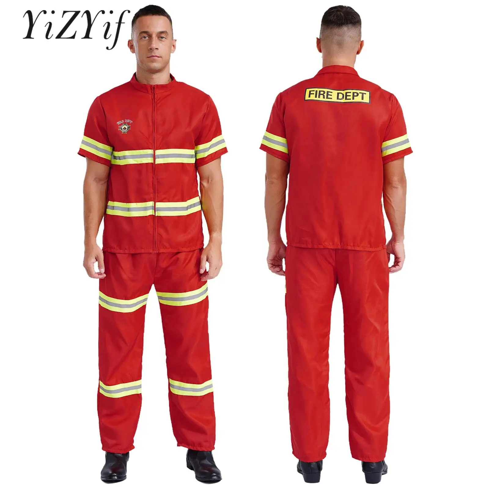 Men Firefighter Cosplay Costume Fireman Dress Up Outfits Halloween Role Play Four Pieces Suit New Year Masquerade Theme Ball