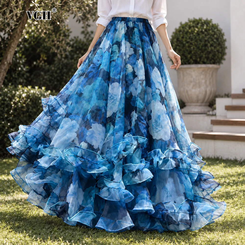 VGH Dreamy Floral Print Organza Floor Length Skirt for Women Elastic Waist Irregular Ruffle Hem Flowy A Line for Vacation Party