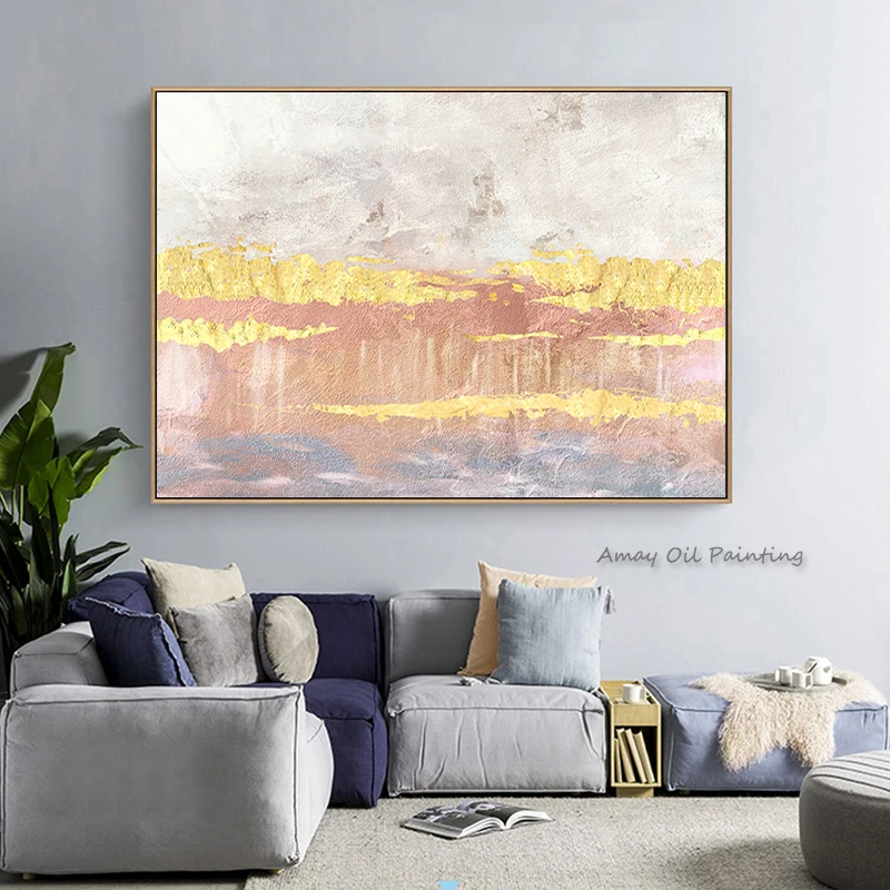 100% Handpainted Pastel Gold Layer Abstract Oil Painting Horizontal Canvas Wall Art Picture for Farmhouse Sofa Background Decor