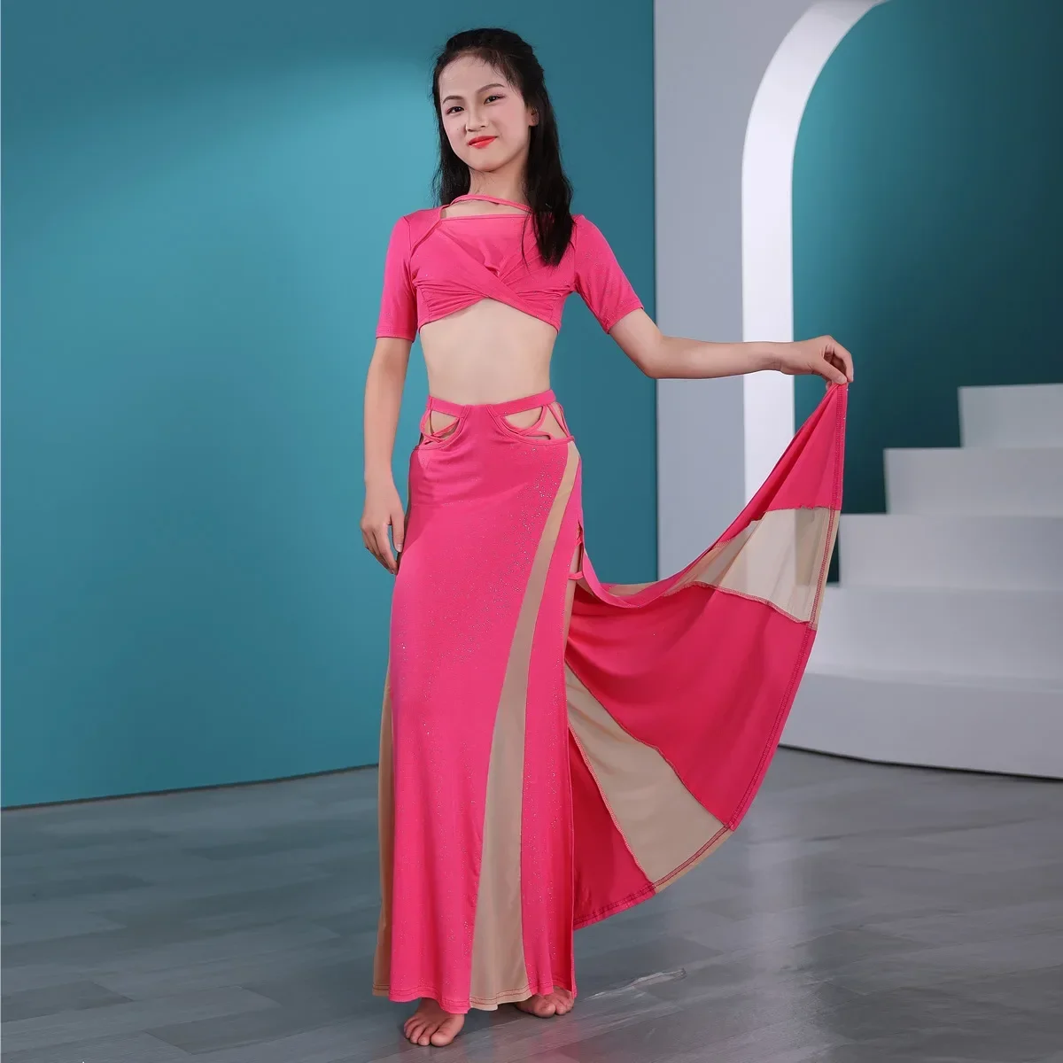 Roupa de dança do ventre infantil, roupas de prática separadas para mulheres, roupas de equipe modal, temporada de verão, sapatos esportivos e acessórios