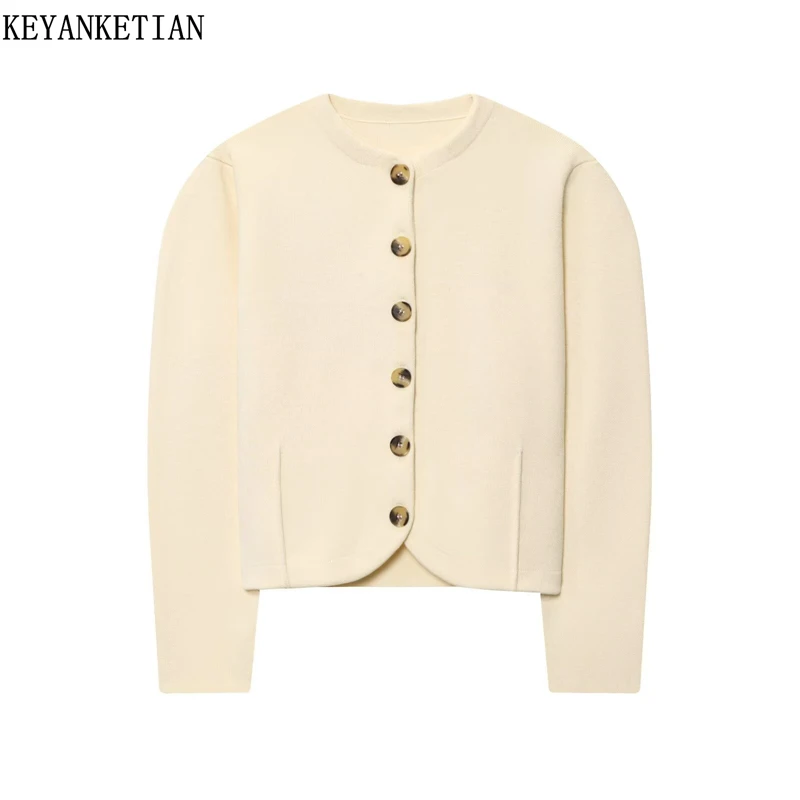 

KEYANKETIAN 2025 новые зимние женские однобортные укороченные вязаные кардиганы для офиса и женщин с круглым вырезом и длинными рукавами, тонкий свитер, верхняя одежда