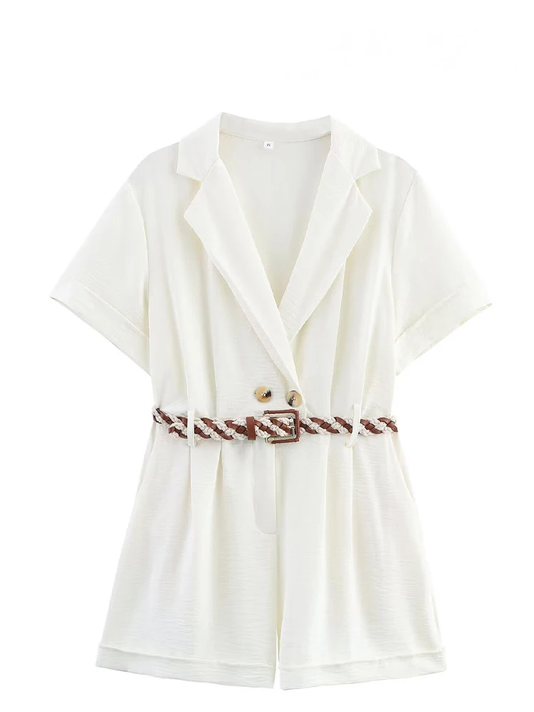

HH Women Summer Lapel Pockets High Street Shorts Sleeve Buttons Jumpsuits Women White Knitted Belt Decoration Jumpsuits