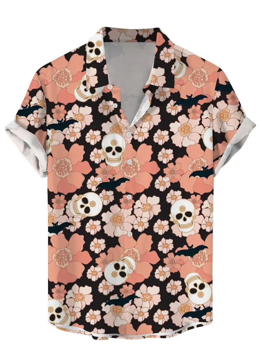 Camisas florales de calavera Vintage para hombres, ropa de calle divertida con estampado 3D de Calavera, camisetas de manga corta, camisa hawaiana con solapa estampada