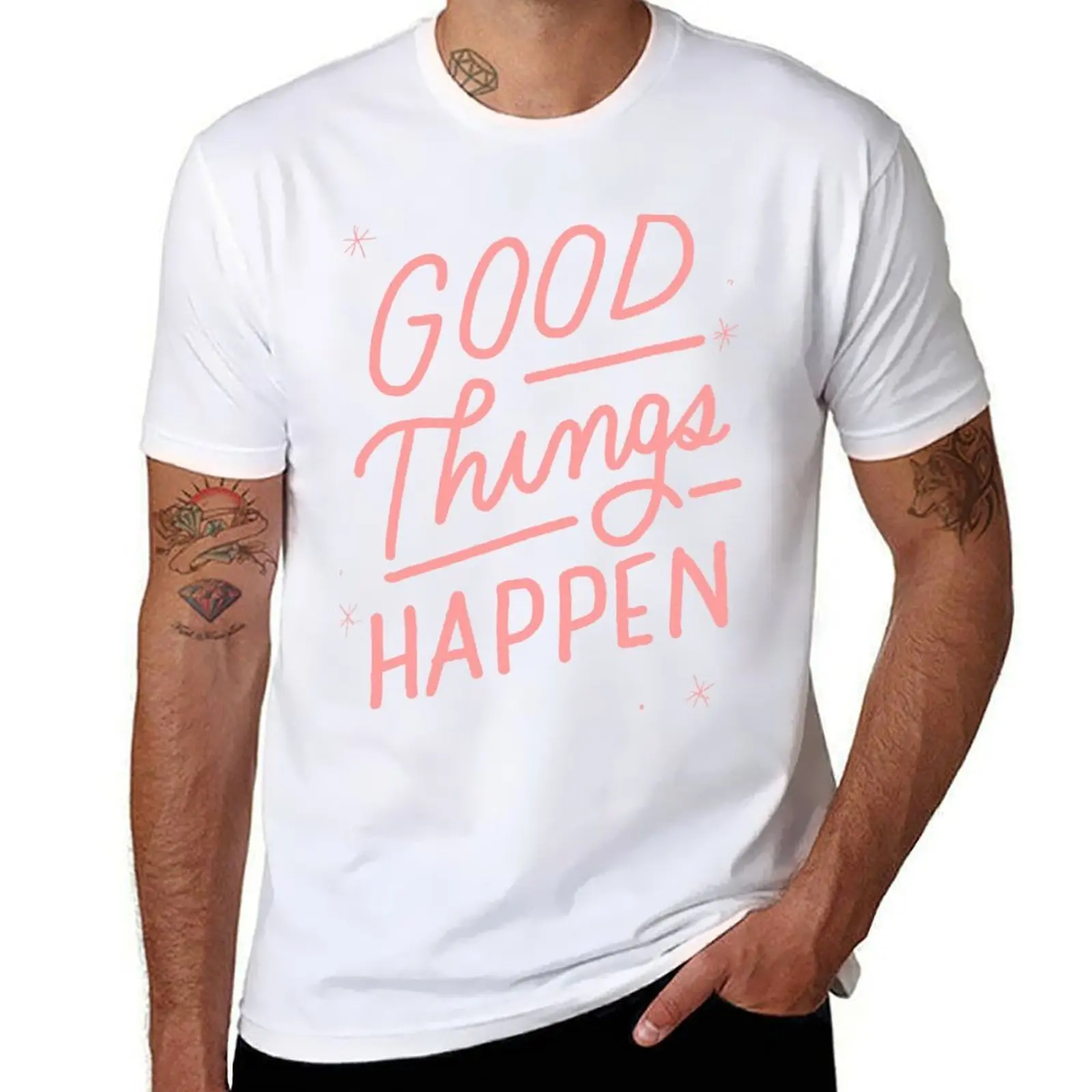 

Good things happen inspirational quote hand lettering with stars design T-Shirt funny t shirts man funny t shirts cotton T-Shirt