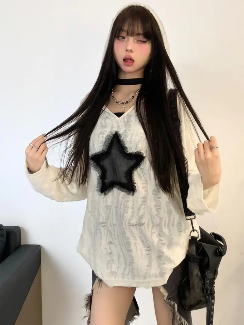 Grunge Hooded T-shirt with Hole Women Fashion Star Print Y2k Loose Tees Kpop Fairycore Ripped Tshirt Harajuku Gothic Streetwear