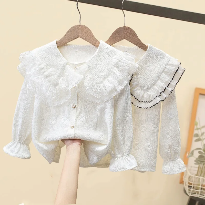 

Children Shirts Sweet Ruffle Long Sleeve Princess Cardigan Tops for Kids 4 To 14 Years Teens School Uniforms Girls White Blouses