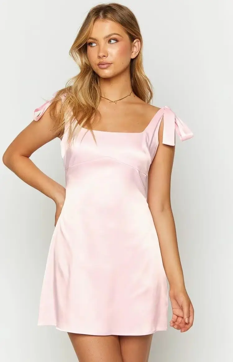 

Короткие платья для встречи выпускников на тонких бретельках для подростков, атласное выпускное коктейльное платье с бантом