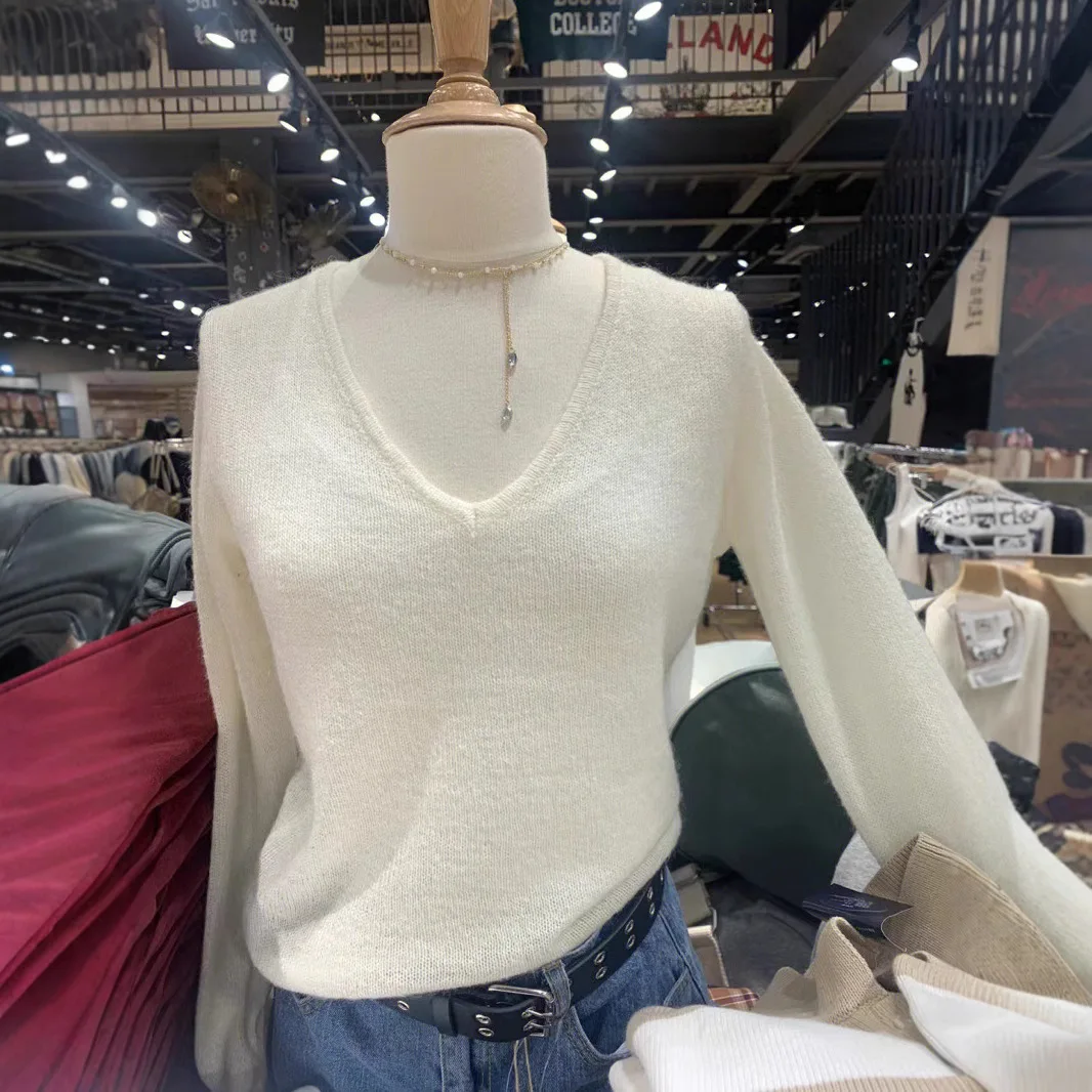 New Autumn Beige Thin Transparent Long Sleeve Knitted Sweater With Hollowed Out V-neck Solid Color Basic Pullovers Top