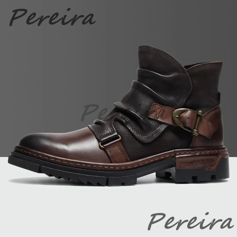 

Men's Retro Motorcycle Boots British Style Belt Buckle Thick Soled Zipper Ankle Boots Spring Autumn Brown Genuine Leather Shoes