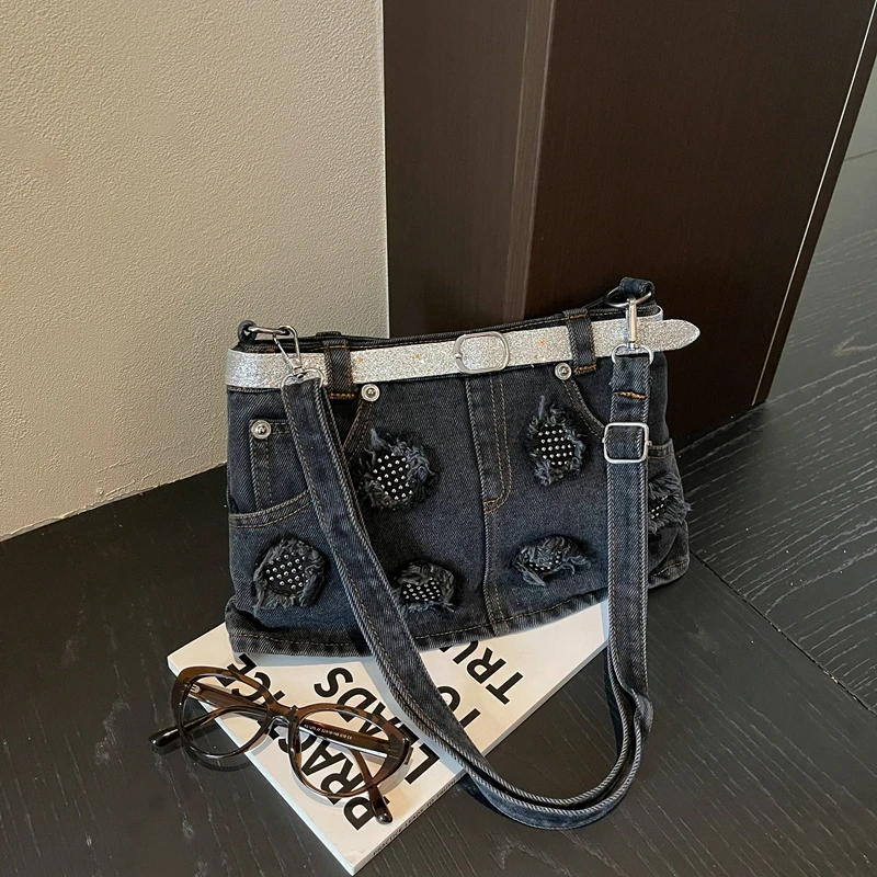 Creative Denim Skirt Shape Crossbody Bag Women Y2K Vintage Distressed Jean Messenger Bag Fashion Unique Casual Shoulder Handbag