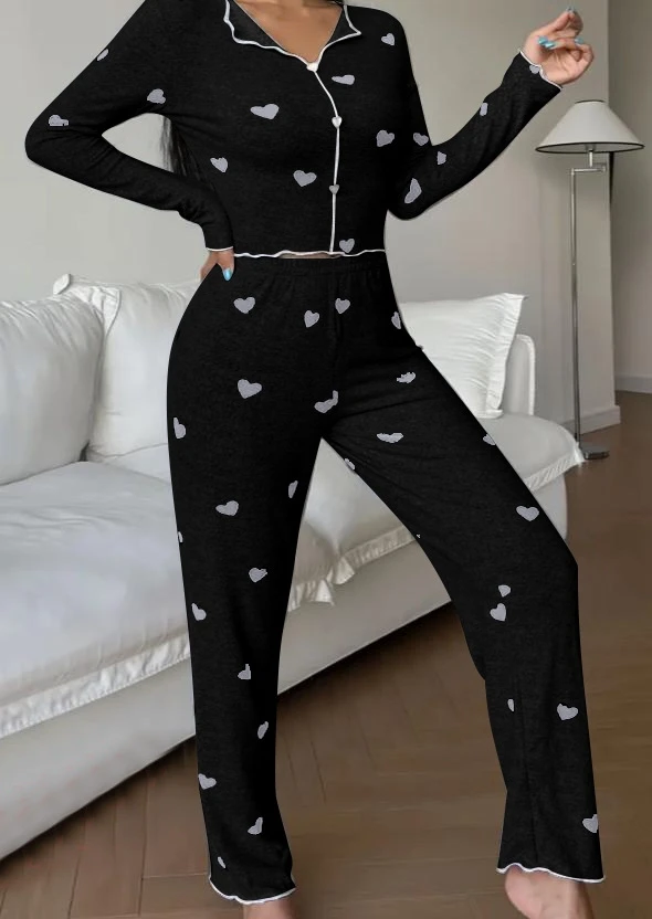 Women's Heart Print Thermal Brushed Pajama Set Lapel Collar Long Sleeve Top & Pants Warm Autumn Winter Home Loungewear Set