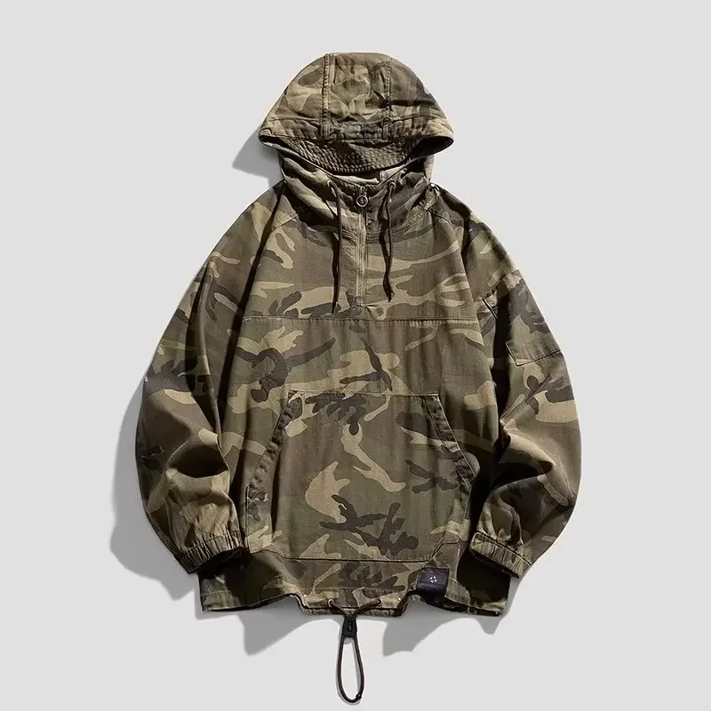 Camouflage Fleece Jacket Autumn/winter Workwear Hooded Outdoor Trendy Vintage American Style Casual Jacket Half-zip Utility