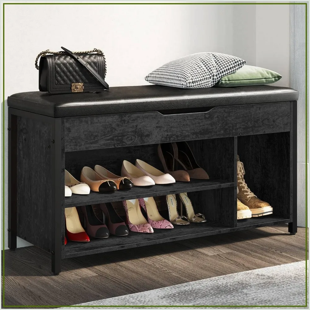 Lift Top Shoe Storage Bench with Adjustable Shelf, Metal & Wood Entryway Bench, Black 39.5W