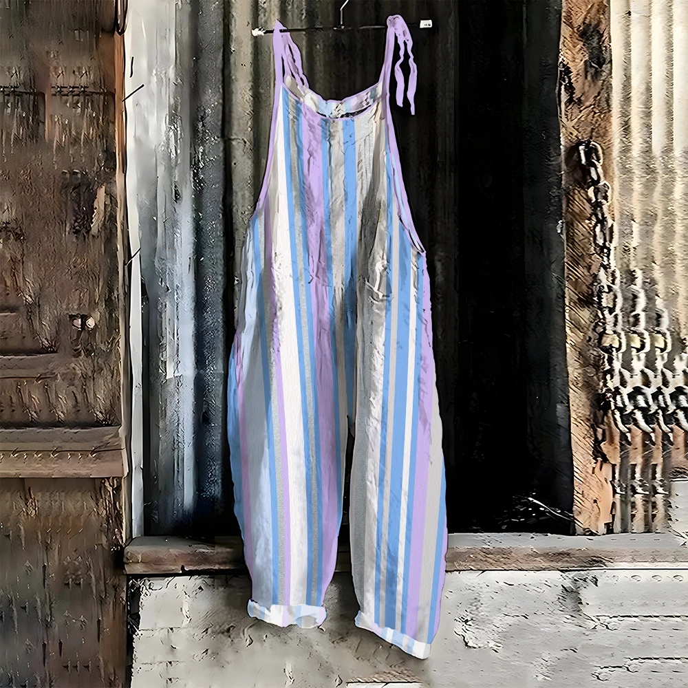 Vintage-Inspired Striped Women's Casual Printed Jumpsuit with Multi-Color Bands Relaxed Fit Oversize Stylish Versatile Bottom