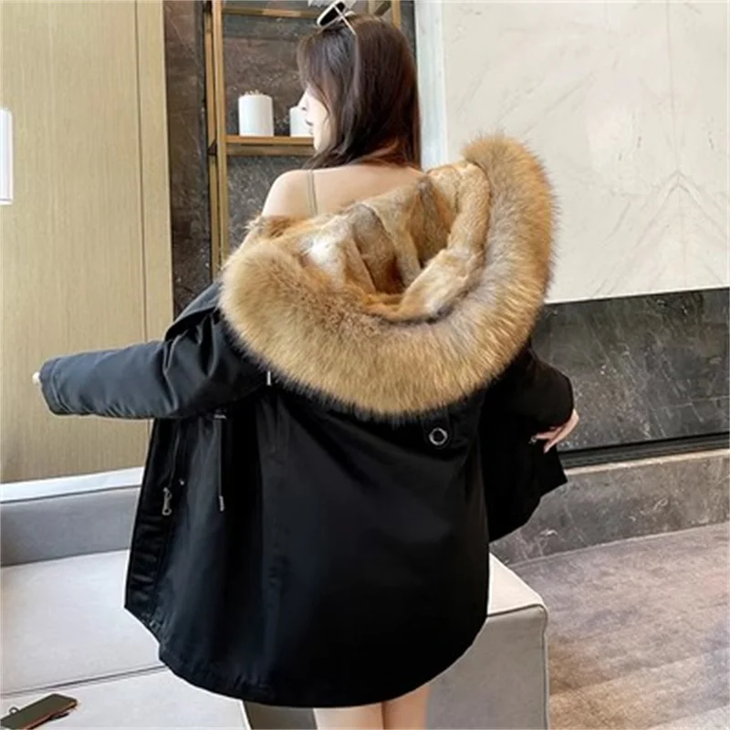 2024 New Popular Mink Detachable Inner Liner Fashionable And Versatile High-end Black And Red Good-looking Long Jacket Commuting