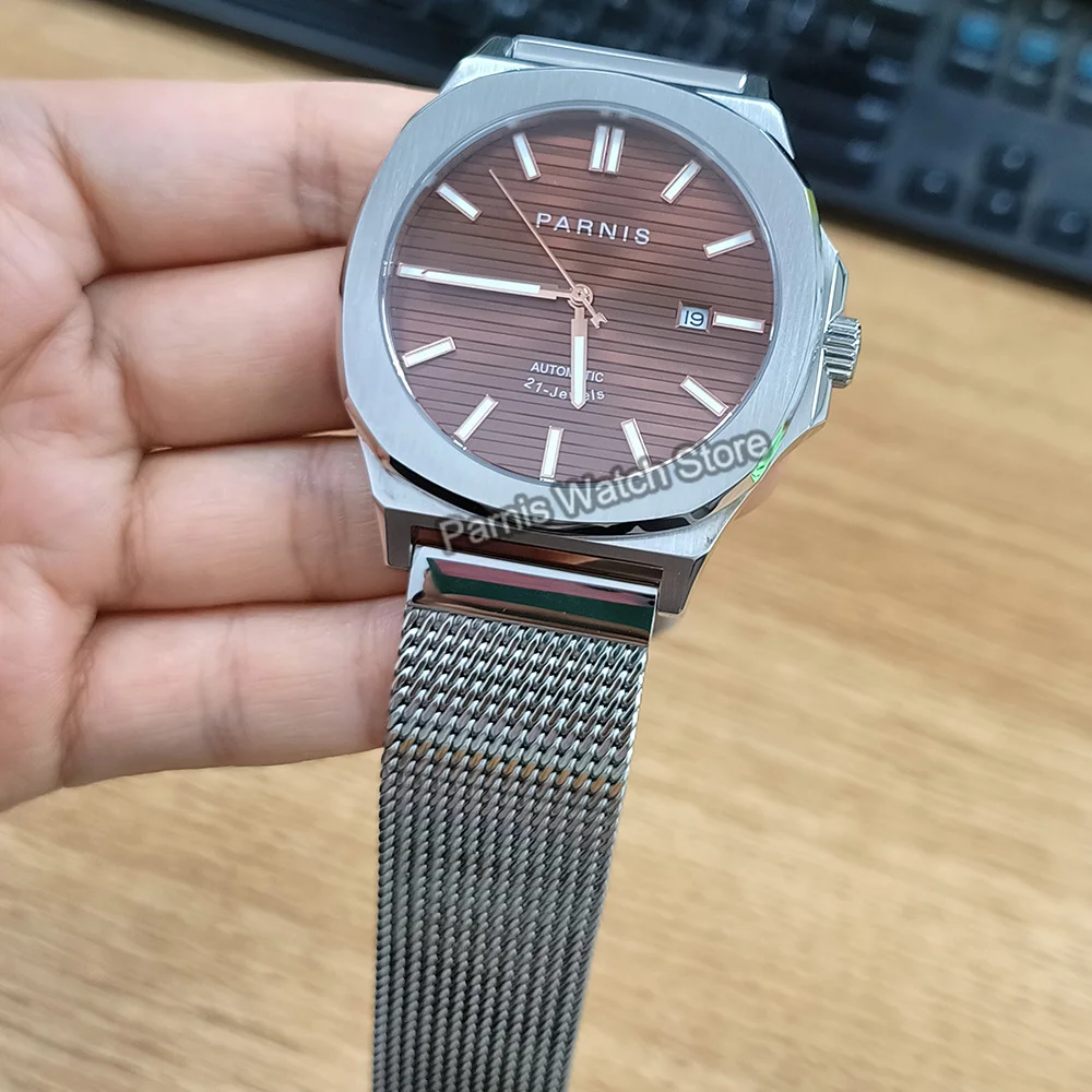 Parnis 42mm Sapphire Crystal Miyota 8215 Automatic Men Mechanical Watch Coffee Dial Luminous Mark 316L Stainless Steel