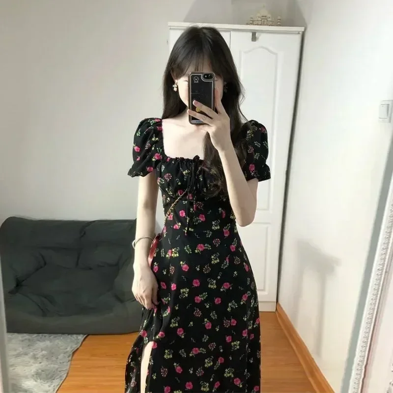 Small Floral Dresses New Korean Square Neck Bubble Sleeve Split Waist Fashion Frock Temperament Women's Skirt 2024 Summer Fall