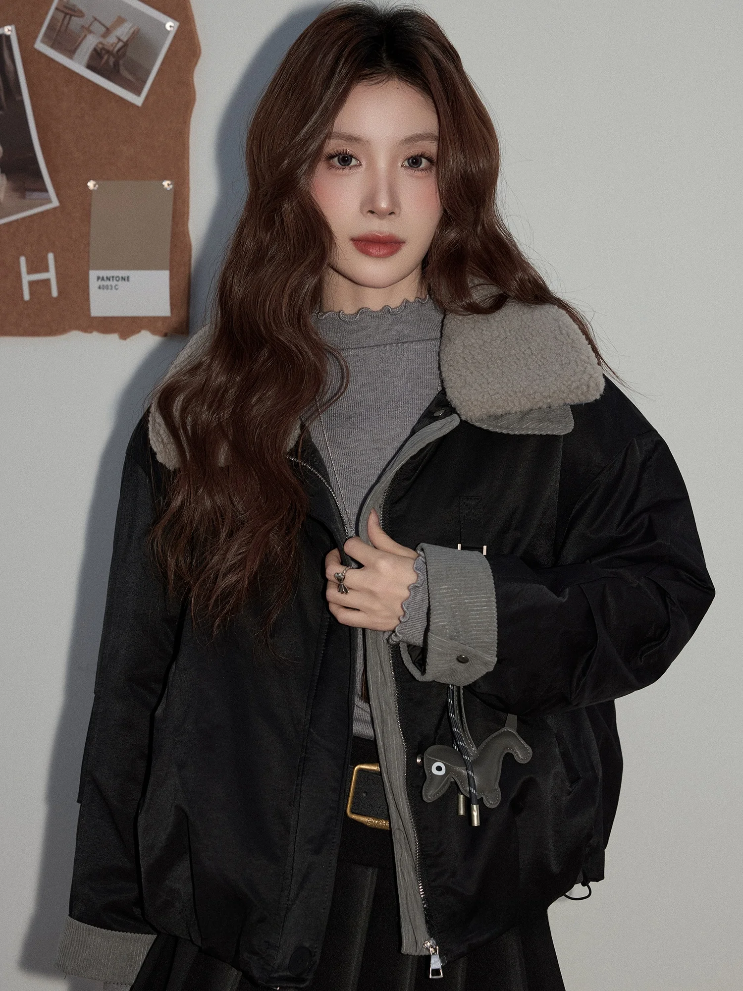 

Warm Thiened Lamb Fur Collar Cotton Jaet Women's Commute Outerwear Bla Loose Fit Autumn Winter Korean Sle Coat