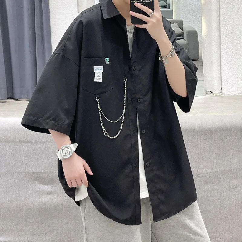 Hybskr Men's Oversized Short Sleeve Shirt Streetwear Blouse  Collar Fleece Lined Thickened Special Wide Fit Autumn Fashion