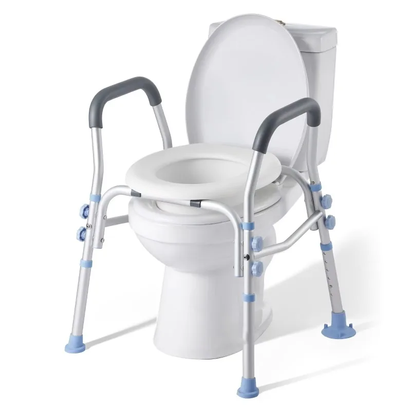Toilet seat height booster with adjustable height and widened handle