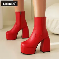 SIMLOVEYO Classic Women Ankle Boots Round Toe Chunky High Heels 12cm Platform Hill 5cm Big Size 45 46 47 48 Party Booties